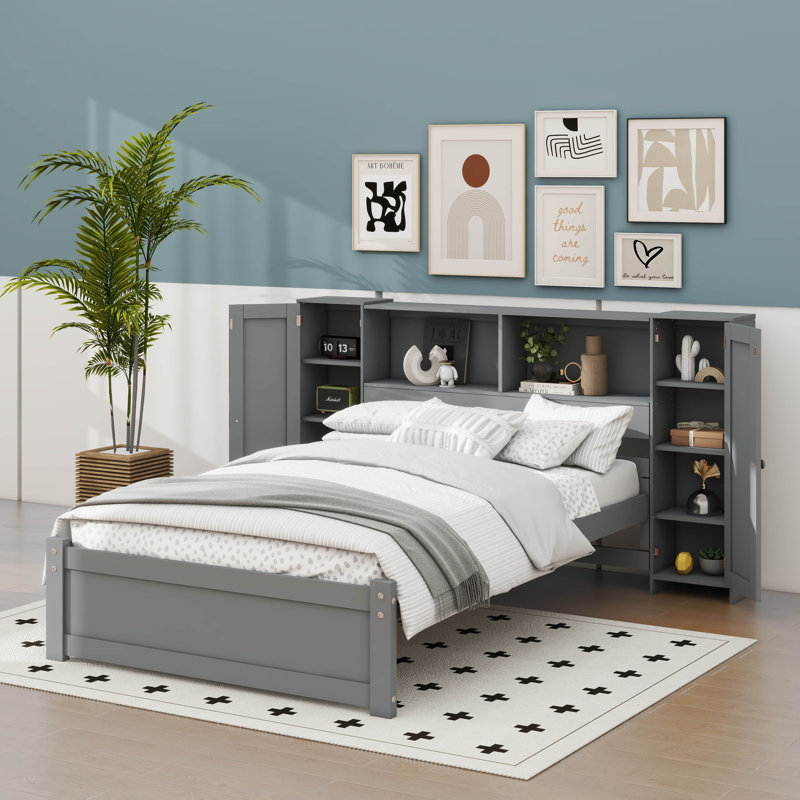 Platform Bed Featuring A Storage Headboard And Built In Lockers Twin Gray